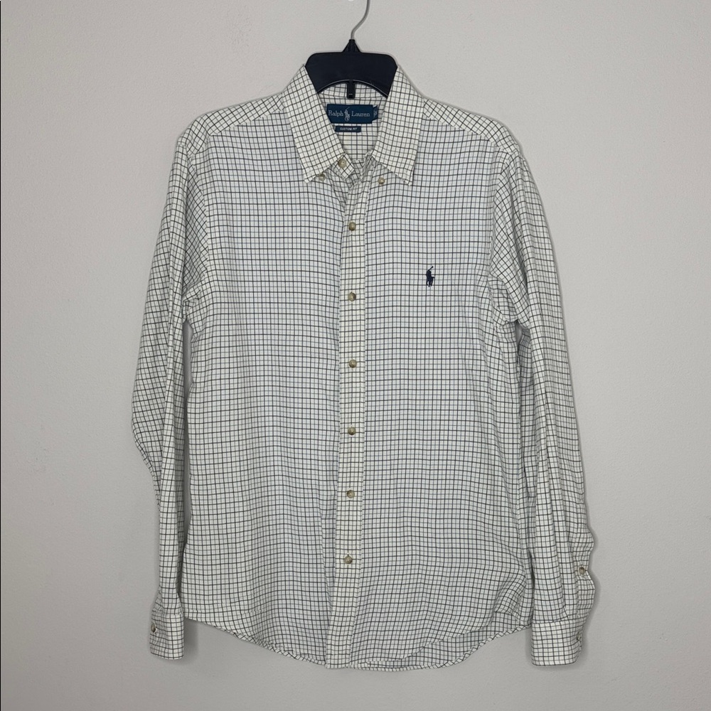 Polo by Ralph Lauren  Cream Blue/Black Checkered Preppy Casual Button Down Shirt